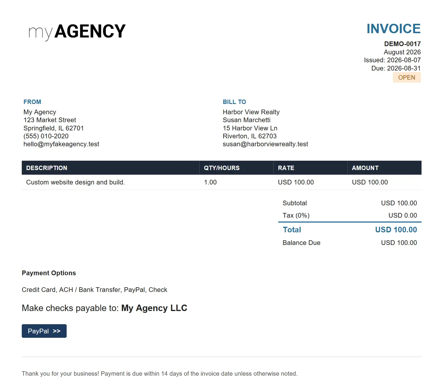 A custom PDF invoice from Karks CRM